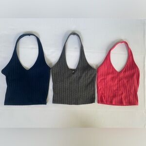 3 Hollister Crop Tops In Navy Blue, Grey, & Pink